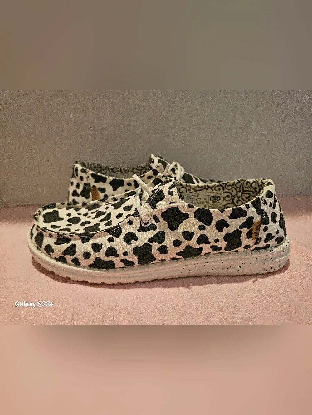 Hey Dude Womens Cow-Print Slip-On Sneakers - Black & White Size 8